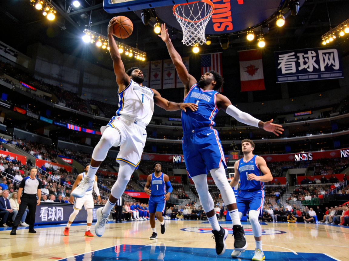 看球网-NBA篮球比赛精彩瞬间，球员在室内球馆进行激烈对抗