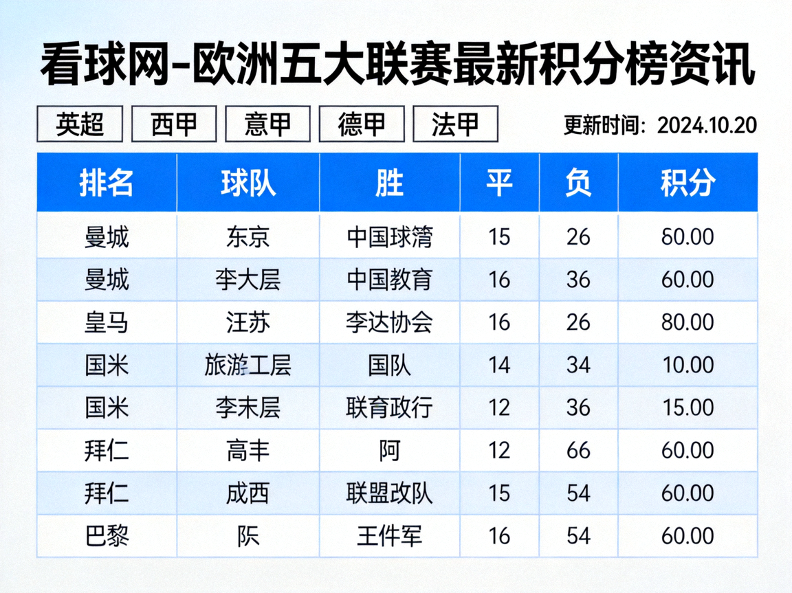 看球网-欧洲五大联赛最新积分榜资讯